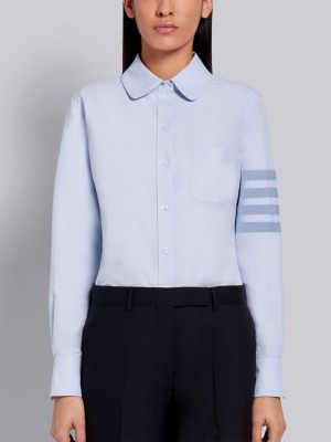 Thom Browne Light Blue Supima Cotton Oxford Satin Weave 4-Bar Long Sleeve Round Collar Women Shirts Blue | WIB35L50186