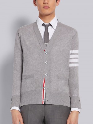 Thom Browne Light Fine Merino Wool V-Neck 4-Bar Men Cardigan Grey | HFI05D76991