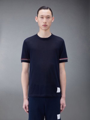 Thom Browne Lightweight Cotton Short Sleeve Striped Men T Shirts Blue | PRN20P39804