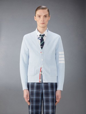 Thom Browne Linen Cotton 4-Bar Relaxed Fit Men Cardigan Blue | UYO61L80571