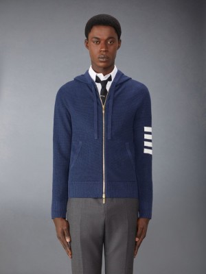 Thom Browne Linen Cotton 4-Bar Relaxed Fit Zip up Men Hoodie Blue | XRZ06B60745