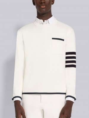 Thom Browne MILANO STITCH COTTON TIPPING 4-BAR BOXY CREW NECK Men Pullover White | TRA03J05835