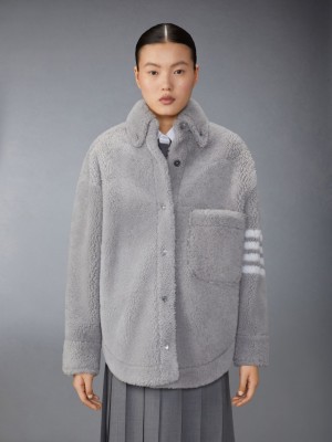 Thom Browne Medium Dyed Shearling 4-Bar Supersized Shirt Women Jackets Grey | UGV50Z98595