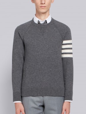 Thom Browne Medium French Terry Cashmere 4-Bar Crewneck Men Pullover Grey | HYG86O64635