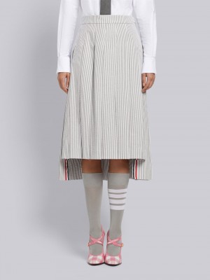 Thom Browne Medium Seersucker Below-the-knee Pleated Women Skirts Grey | WMY34T36930