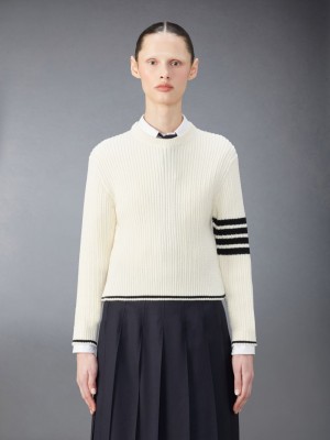 Thom Browne Merino Wool 4-Bar Cropped Cable Women Pullover White | KFA16A18942