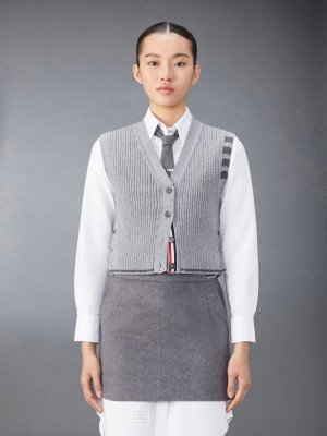 Thom Browne Merino Wool 4-Bar Cropped Cable Cardigan Women Vest Grey | CDX30R11610