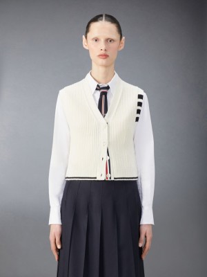 Thom Browne Merino Wool 4-Bar Cropped Cable Cardigan Women Vest White | XOS49B01794