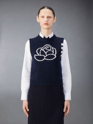 Thom Browne Merino Wool 4-Bar Rose Icon Shell Top Women Vest Blue | YFX55X63668