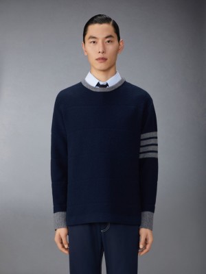 Thom Browne Merino Wool 4-Bar Textured Rugby Stripe Crew Neck Men Pullover Blue | MCU37X14652