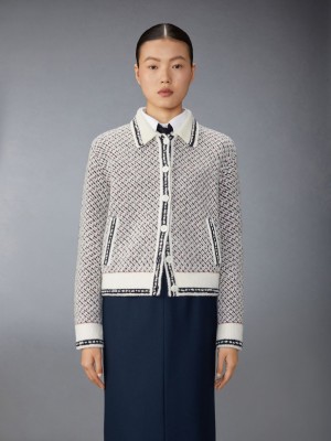 Thom Browne Merino Wool Boucle and Mohair Tweed Jacquard Polo Collar Bomber Women Jackets White | UVL84H48980