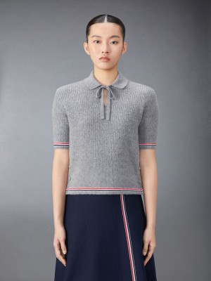 Thom Browne Merino Wool Brushed Tuck Stitch Keyhole Women Polo Shirt Grey | QDW59R68554