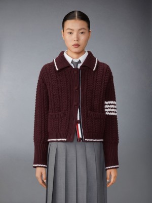 Thom Browne Merino Wool Chunky Links Stitch 4-Bar Polo Cardigan Women Jackets Red | OVB31B06109