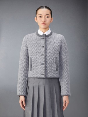 Thom Browne Merino Wool Herringbone Quilted Cropped Cardigan Women Jackets Grey | CJX80Y54081