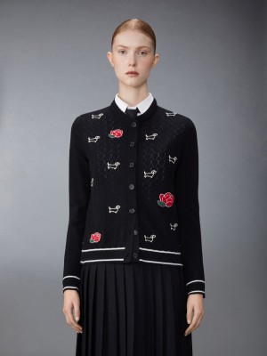 Thom Browne Merino Wool Pointelle Jersey Hector & Rose Crew Neck Women Cardigan Black | LIF62R28621