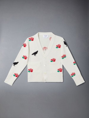 Thom Browne Merino Wool Rose and Raven Boys's Cardigan White | BJV75G47879