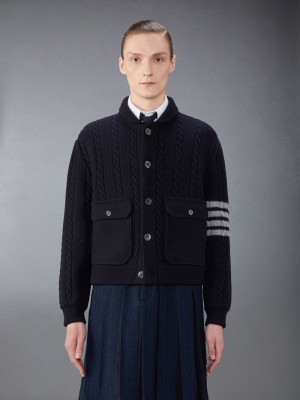 Thom Browne Merino Wool and Cotton 4-Bar Cable Bomber Men Jackets Blue | NQU35J82349