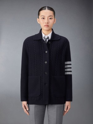 Thom Browne Merino Wool and Cotton 4-Bar Cable Women Coats Blue | DKF00V79631