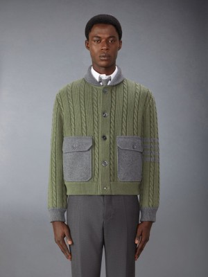 Thom Browne Merino Wool and Cotton Cable Bomber Men Jackets Green | MGG01C92339