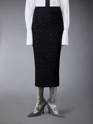 Thom Browne Organza Ribbon Tweed Low Rise Maxi Hobble Women Skirts Black | OUQ00V65835