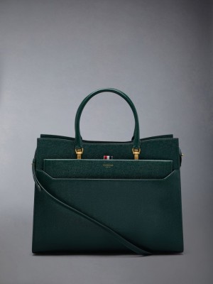 Thom Browne Pebble Grain Leather Large Duet Men Tote Bags Green | ZCA15S90260