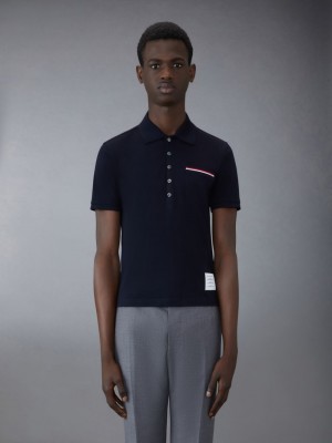 Thom Browne Pique Pocket Men Polo Shirt Blue | SLZ95M97694