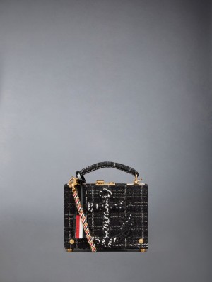 Thom Browne Plaid Ribbon Tweed Woven Chain Micro Attache Case Women Tote Bags Black | PKE91Y06126