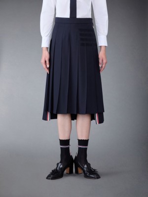 Thom Browne Plain Weave 4-Bar Dropped Back Pleated Women Skirts Blue | BHN09E90748