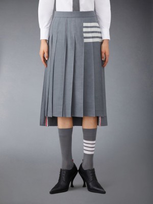 Thom Browne Plain Weave 4-Bar Pleated Midi Women Skirts Grey | XQA68X47211