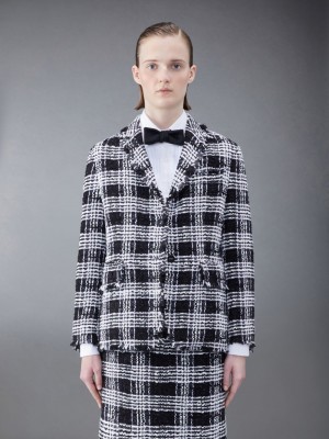 Thom Browne Prince of Wales Chenille Tweed Frayed Classic Sport Women Coats Black | VWG48O77174