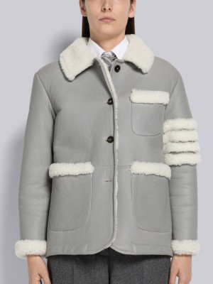 Thom Browne Reversed Shearling 4-Bar Round Collar Women Jackets Grey | JWV07X40294