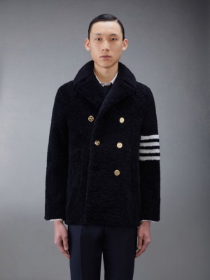 Thom Browne Shearling 4-Bar Peacoat Men Coats Blue | YIO02X43860