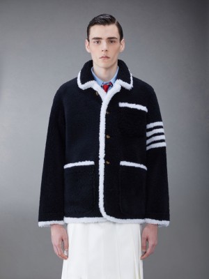 Thom Browne Shearling 4-Bar Sack Men Jackets Blue | VJS43Z08939