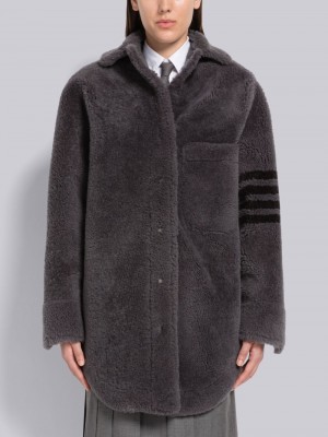 Thom Browne Shearling Supersize 4-Bar Shirtdress Women Coats Grey | CAS97L02695