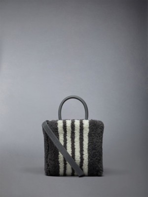 Thom Browne Small Book W/ Intarsia 4bar in Curly Merino Shearling Women Tote Bags Grey | GFE44P41052