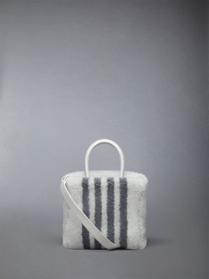 Thom Browne Small Book W/ Intarsia 4bar in Curly Merino Shearling Women Tote Bags White | QRW67R84936