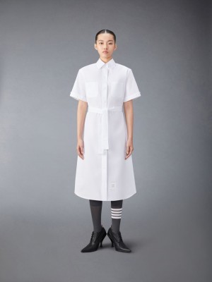 Thom Browne Solid Poplin Midi Shirt Women Dress White | RLO87S23705