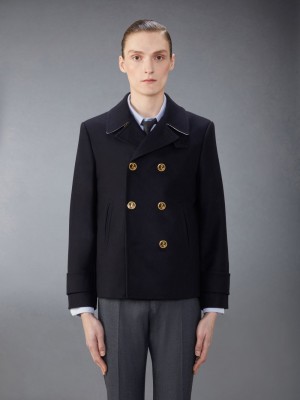 Thom Browne Spring Weight Melton Wool Peacoat Men Coats Blue | BXQ05E66501