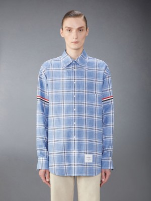 Thom Browne Stripe Linen Armband Oversized Men Shirts Blue | HOJ29Q91497