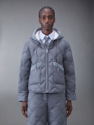 Thom Browne Super 120's Twill Down Hooded Patch Pocket Women Jackets Grey | MJM80X75275