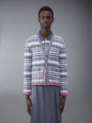 Thom Browne Tartan Mohair Merino Check V-neck Men Cardigan Grey | FBH97O48338