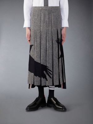 Thom Browne Tweed Raven Classic Backstrap Maxi Pleated Men Skirts Black | TEA99Q50260