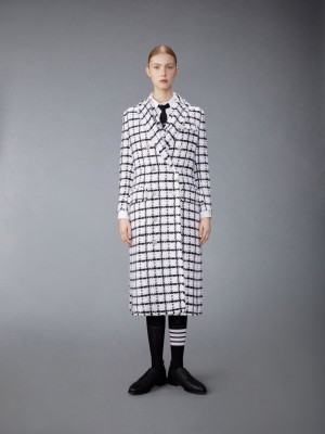 Thom Browne Windowpane Check Chiffon Tweed Fray Oversized Chesterfield Women Coats White | PIH26T32518