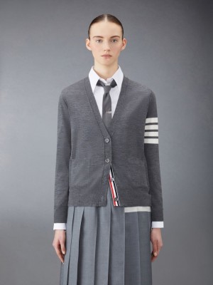 Thom Browne Wool 4-Bar Relaxed V-Neck Women Cardigan Grey | LIR15X63889