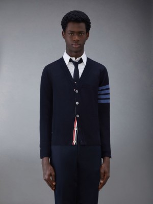 Thom Browne Wool 4-Bar V-Neck Men Cardigan Blue | FJI61U91002