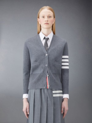 Thom Browne Wool 4-Bar V-Neck Women Cardigan Grey | PWZ10A14968