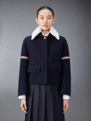 Thom Browne Wool Cashmere Armband Bell Sleeve With Shearling Collar Women Jackets Blue | LGC23X32671