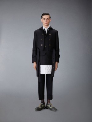 Thom Browne Wool Flannel All in One Modular Bal Collar With Mini Pleated Skirt and Silk Faille Lapel Men Coats Black | KUE62K46983