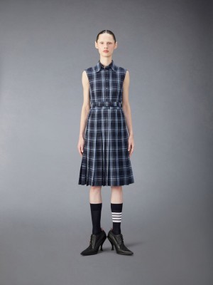 Thom Browne Wool Linen Midi Belted Women Dress Blue | QNU63G18583