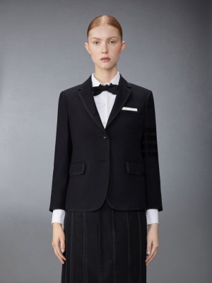 Thom Browne Wool Plain Weave Suiting Grosgrain Tipped Engineered 4-Bar Classic Women Jackets Black | ZWL95B54056